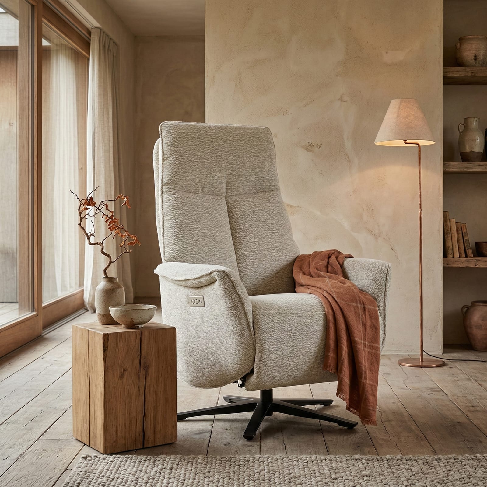 Tim, Relaxfauteuil · stof Lodge · accu — Stof Lodge of leer