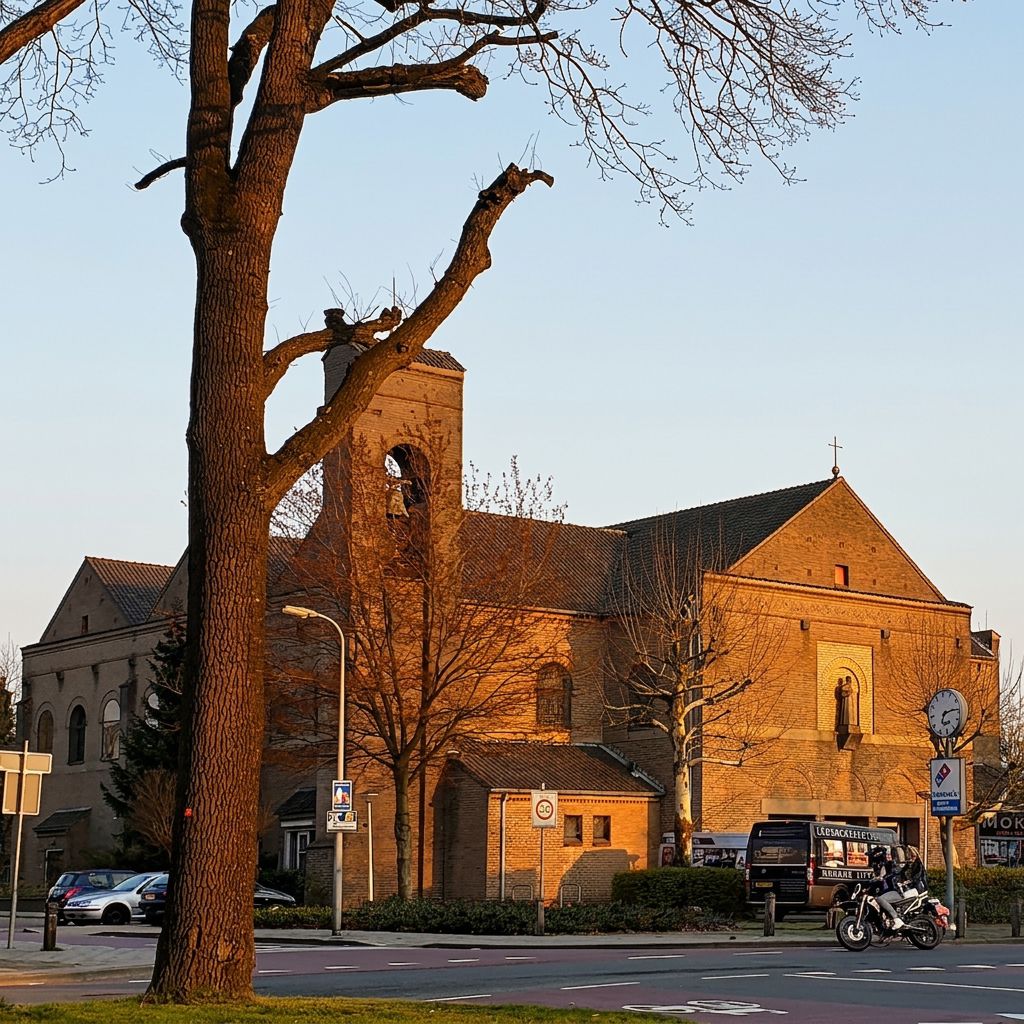 Interior of the Ariëns Memorial Church in Enschede, repurposed as Mokana Meubelen, with leather sofas beneath high vaults and stained-glass windows