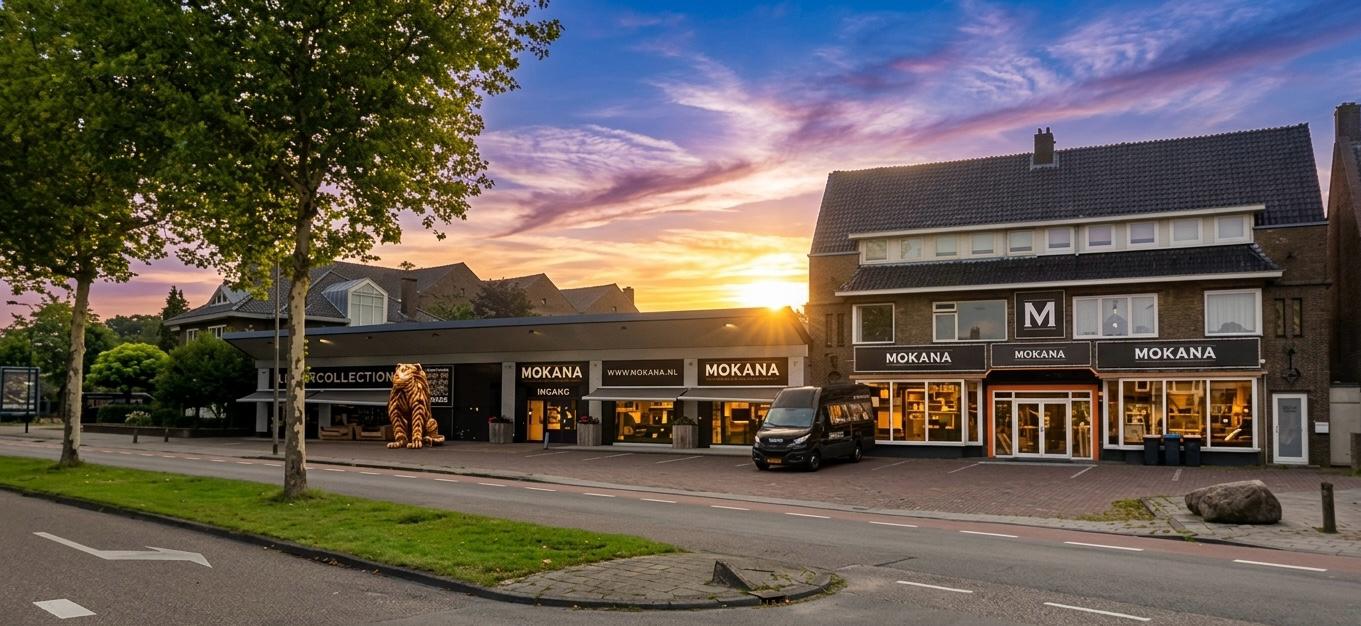 Voorkant van Mokana Meubelen en Ledercollection aan de Hogelandsingel in Enschede bij zonsondergang
